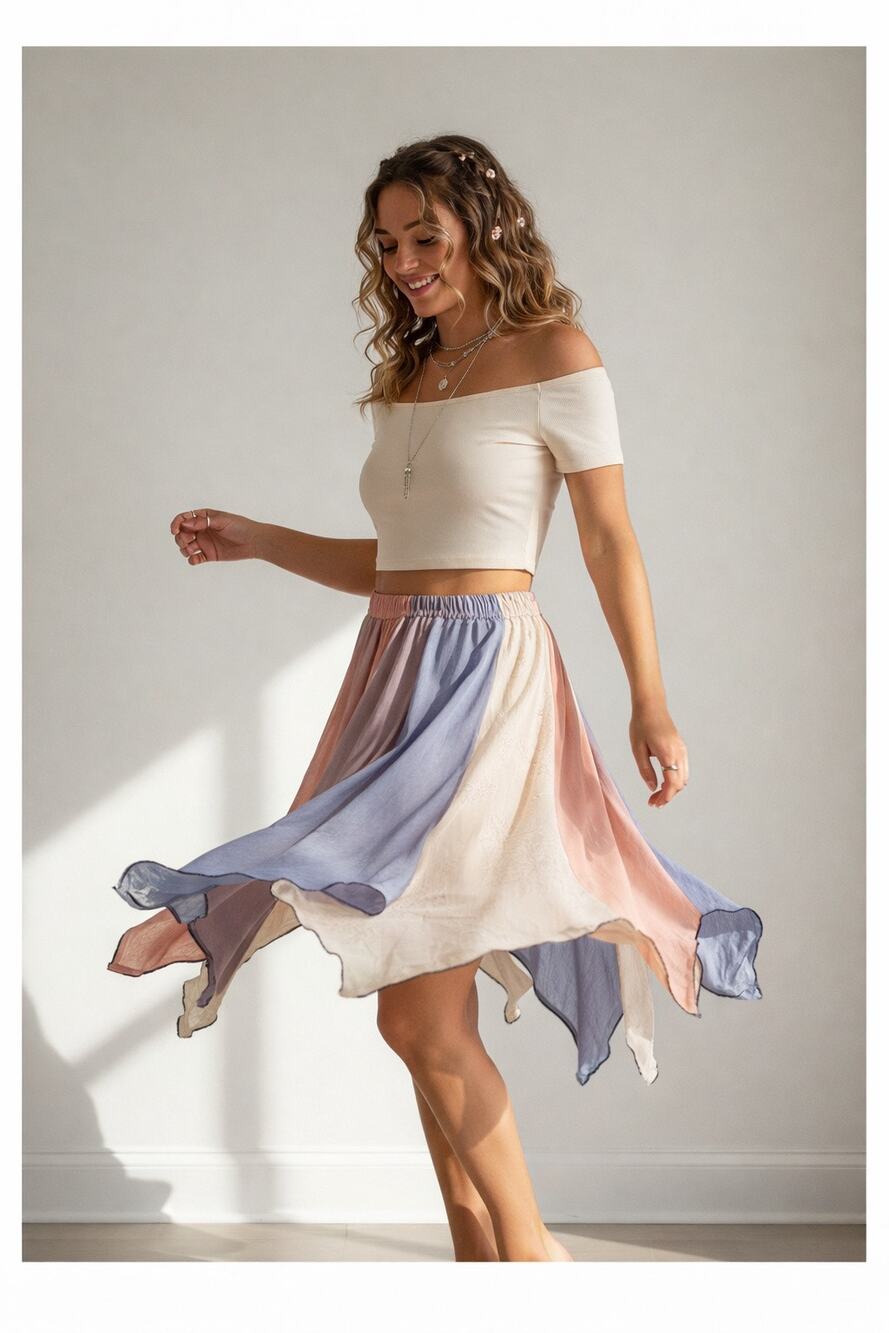 Boho Patchwork Handkerchief Hem Festival Skirt Pastel Color Block Fairycore S/M